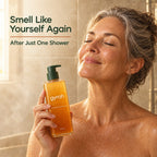 A woman in the shower holding Gyrah Persimmon Body Wash.