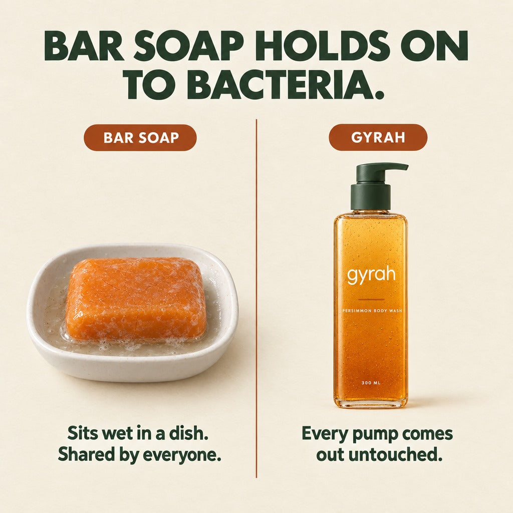 A soggy bar soap in a wet dish next to a clean bottle of Gyrah body wash.