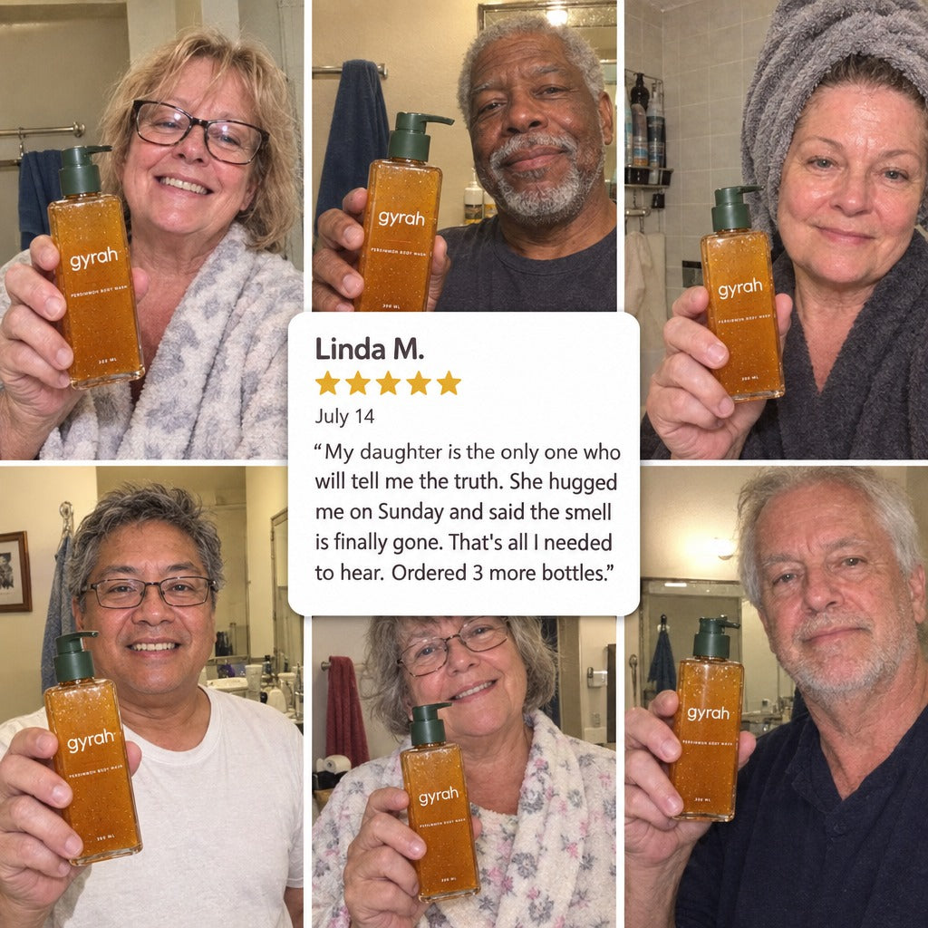 Customers holding Gyrah Persimmon Body Wash in their bathrooms.