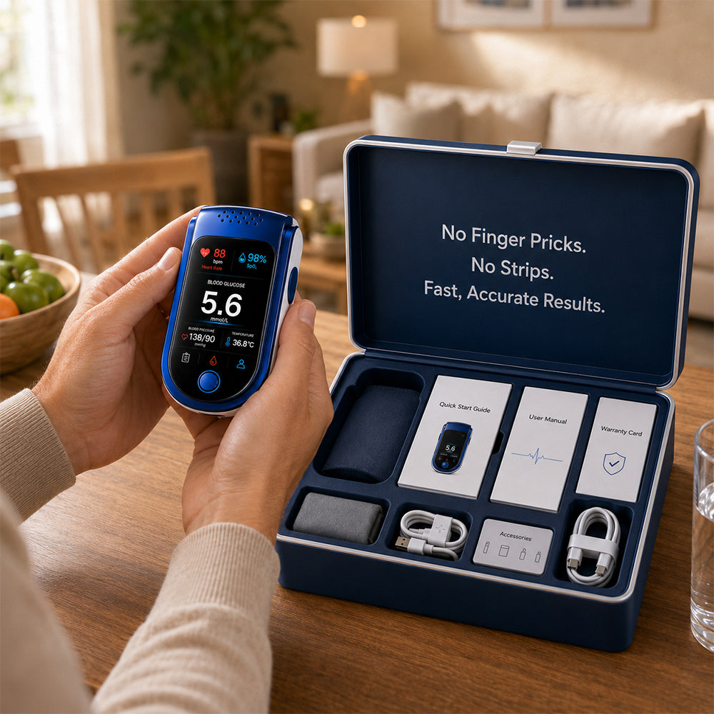 Hands holding the health tracker beside its case