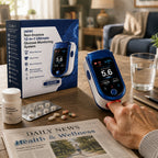 Health tracker in use at a table beside its box