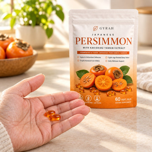 Two amber softgels in the palm of a hand, with the Gyrah pouch behind.