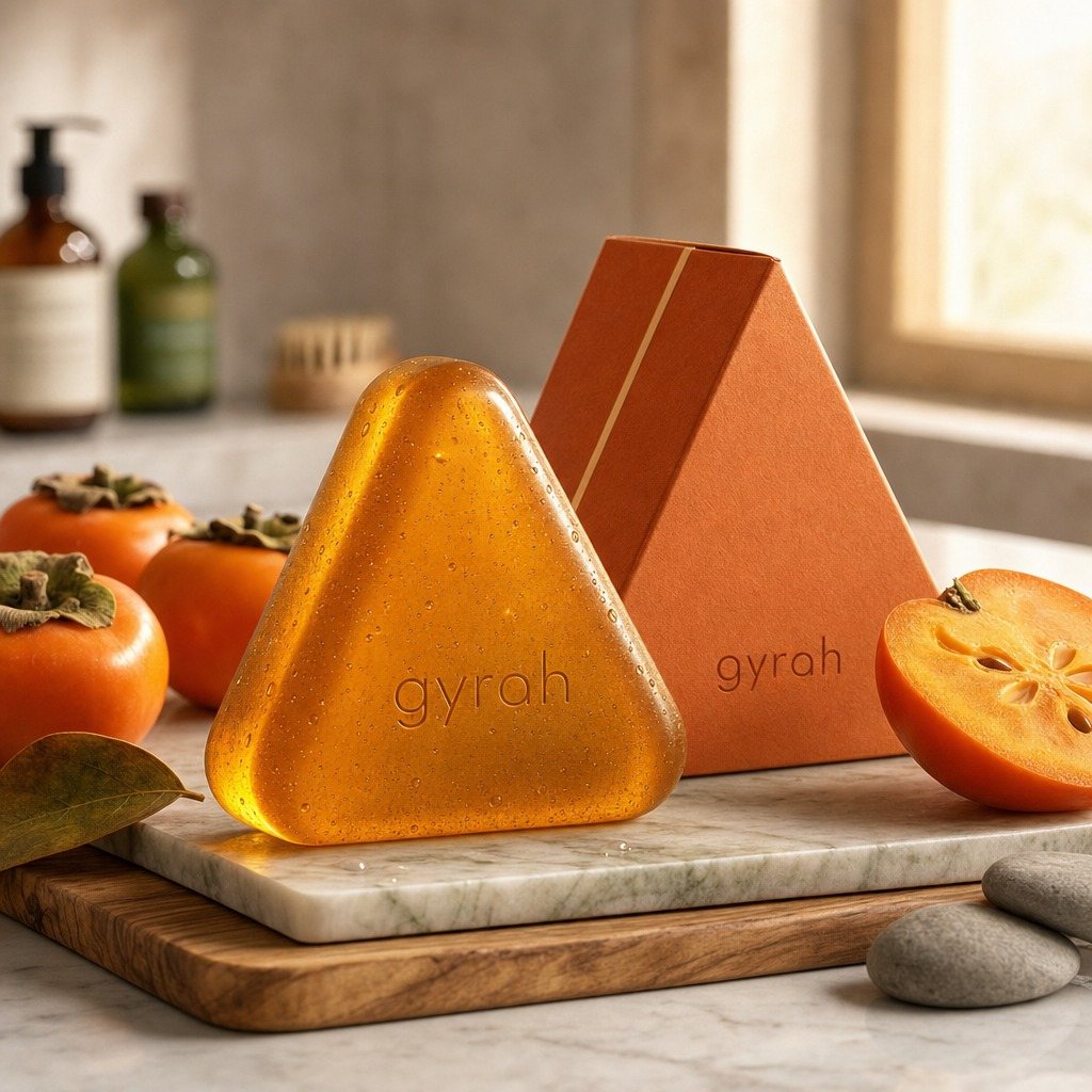 Gyrah persimmon soap bar and its box with fresh persimmons.