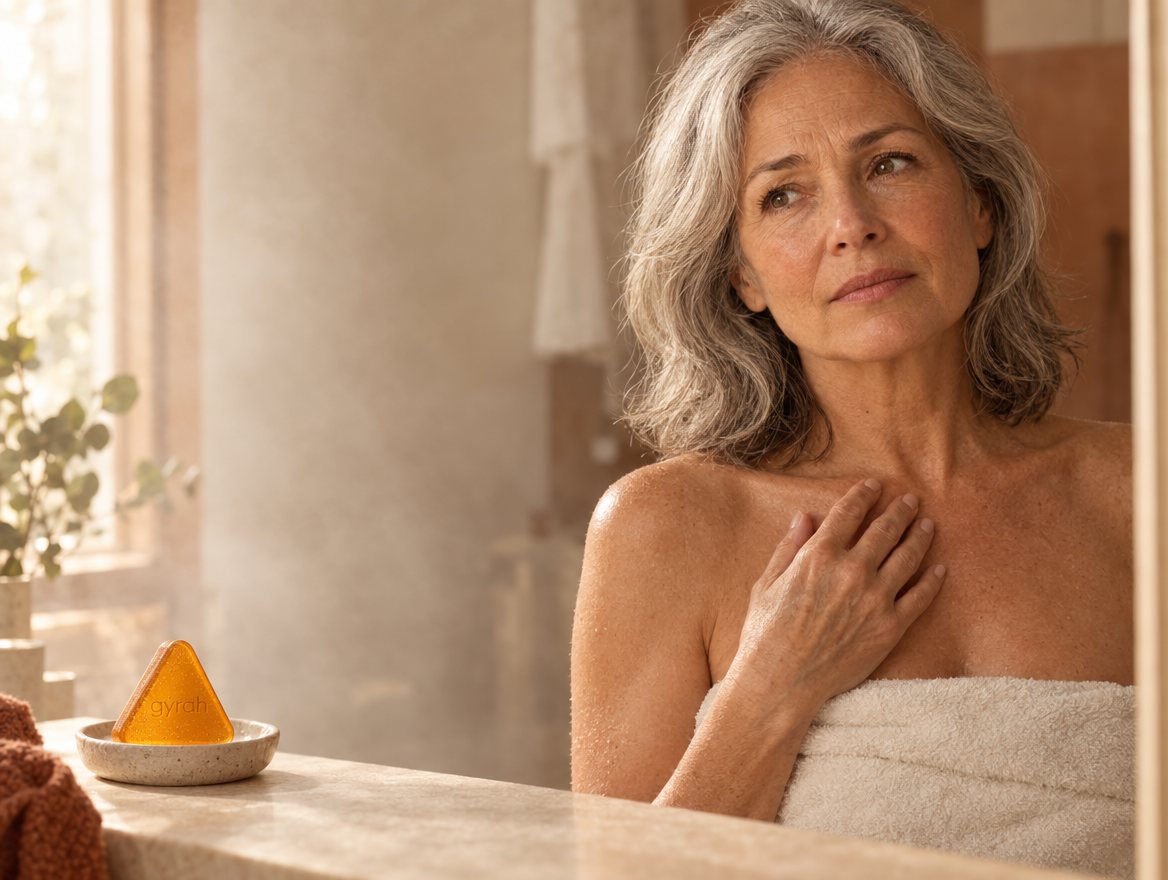 A woman after her shower, a Gyrah soap bar on the counter.