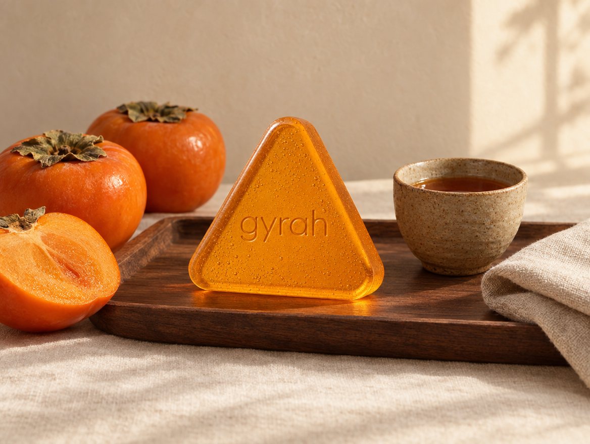 Gyrah soap bar on a wooden tray with fresh persimmons.