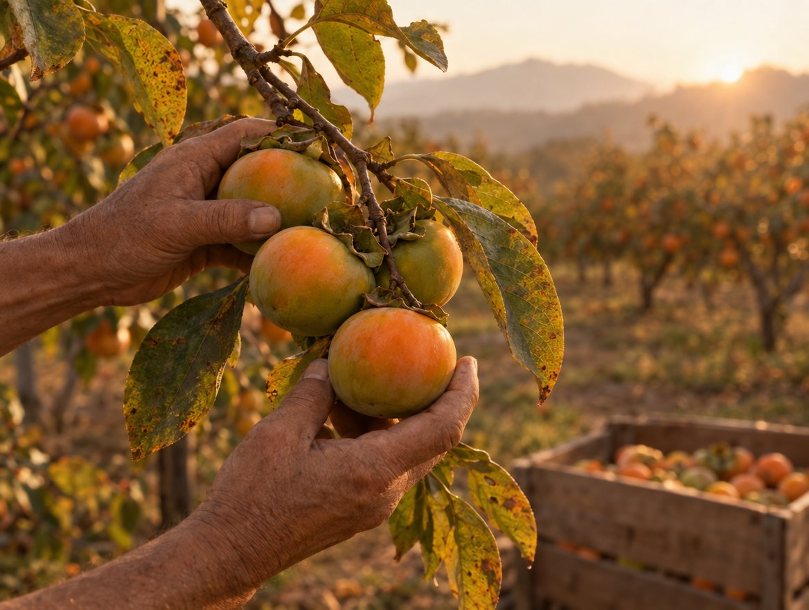 Hands holding unripe persimmons on the branch in an orchard.