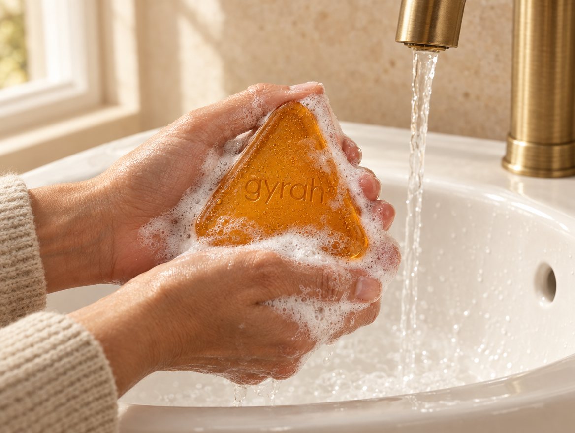 Hands lathering a Gyrah soap bar over a bathroom basin.