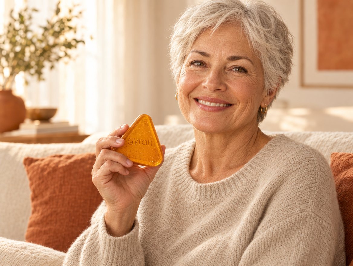 A smiling woman holding a Gyrah soap bar on her sofa.