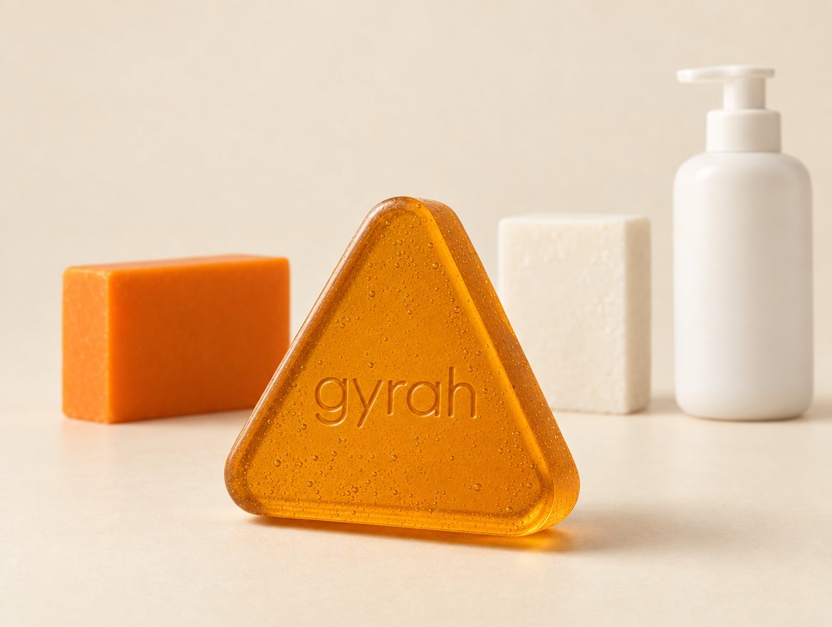 Gyrah soap bar in front of an ordinary soap bar, a persimmon bar and a body wash.