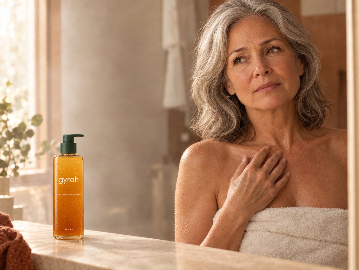 A woman in a towel after her shower, a bottle of Gyrah body wash on the counter.