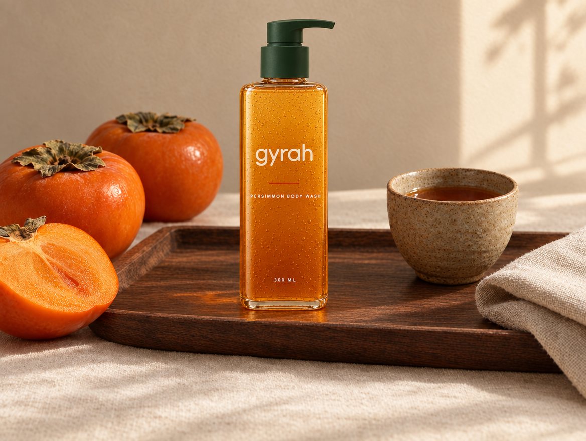 Gyrah persimmon body wash on a wooden tray with fresh persimmons.