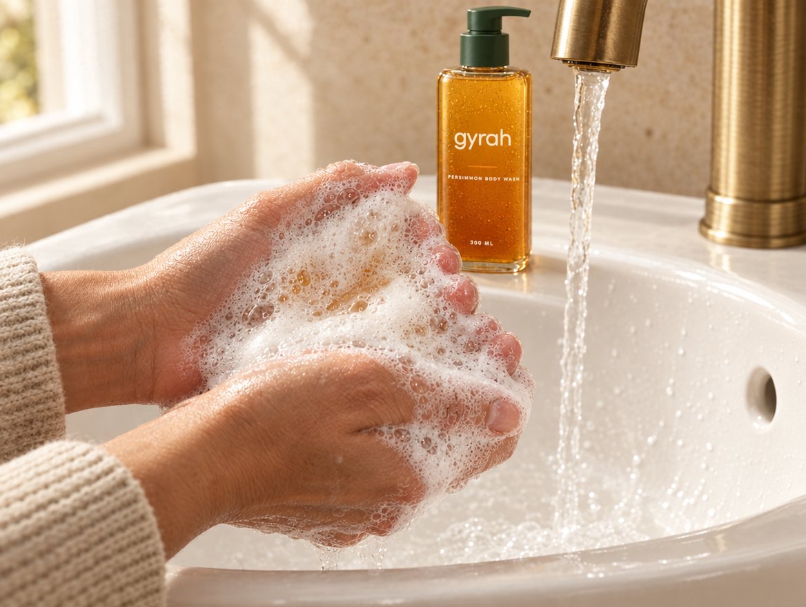 Hands lathering Gyrah body wash over a bathroom basin.