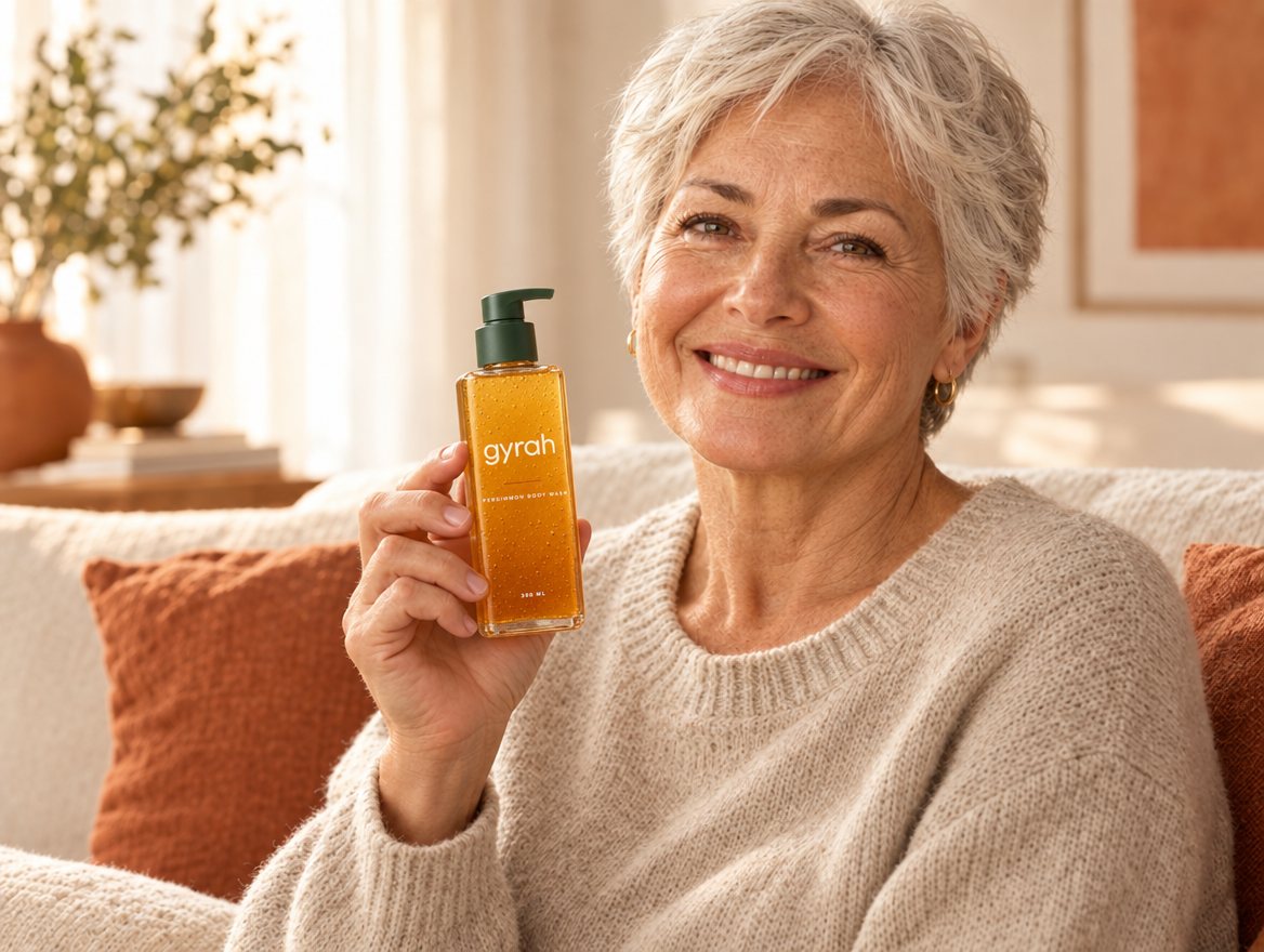 A smiling woman holding a bottle of Gyrah body wash on her sofa.