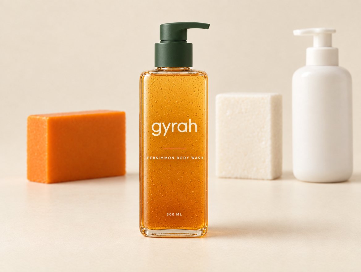 Gyrah body wash in front of an orange persimmon bar, a white bar soap and a plain body wash.