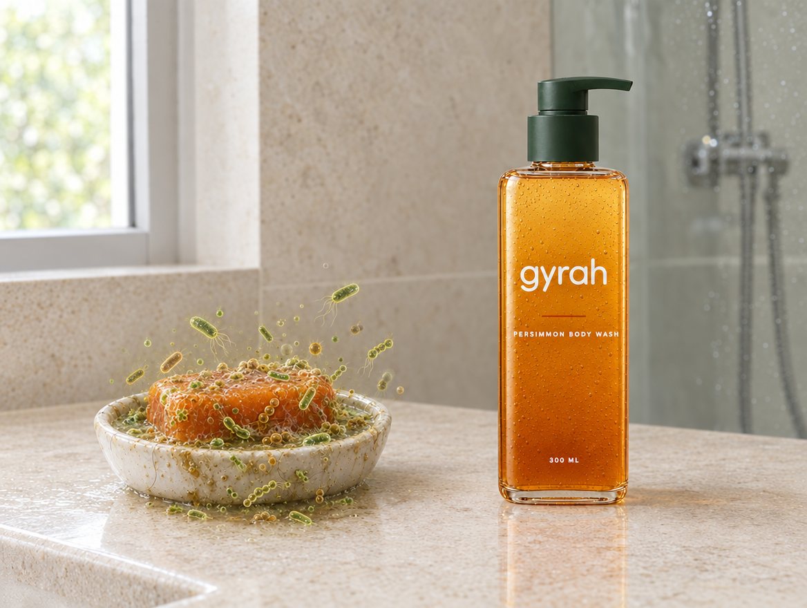 A used orange bar soap covered in bacteria in a wet dish, next to a clean bottle of Gyrah body wash.